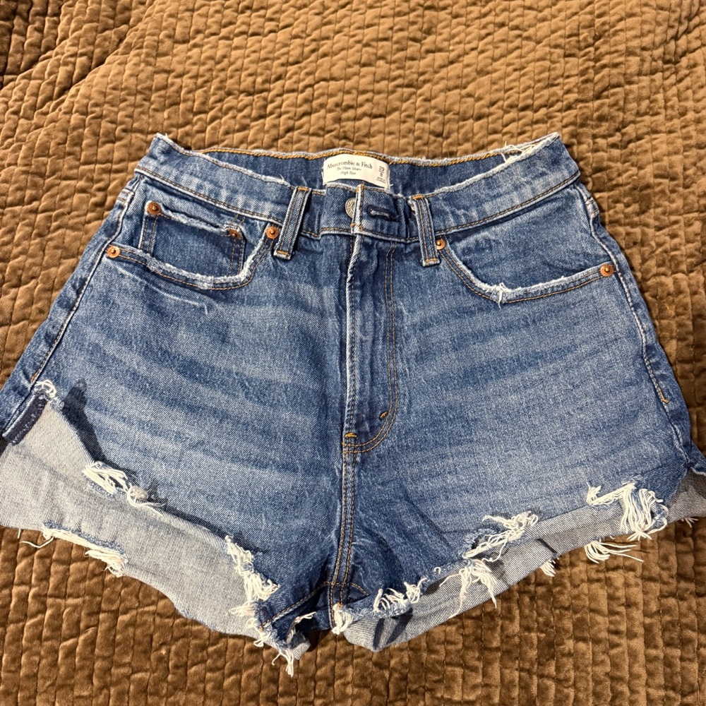 Abercrombie & Fitch Medium Blue High-Rise Distressed Denim Shorts